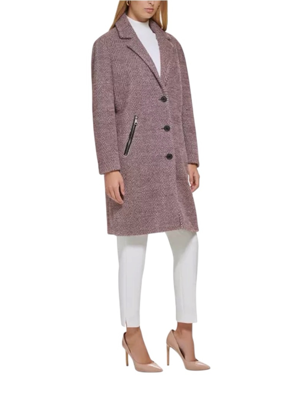 DKNY Herringbone Walker Coat Tailored Pea Plum Purple Faux Leather Trim NWT 2X